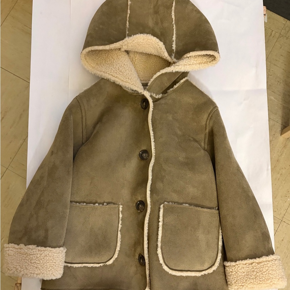 Zara Kids Hooded Shearling-Trim Coat in Tan